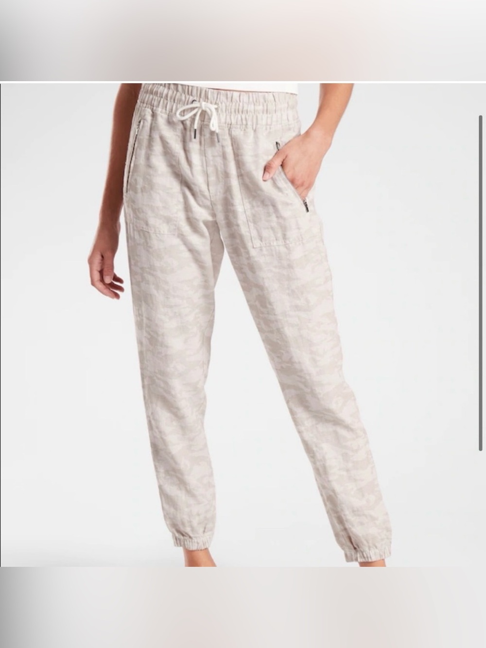 ATHLETA CABO LINEN JOGGER Micro Cheetah Print Drawstring Zipper Pocket Size 14